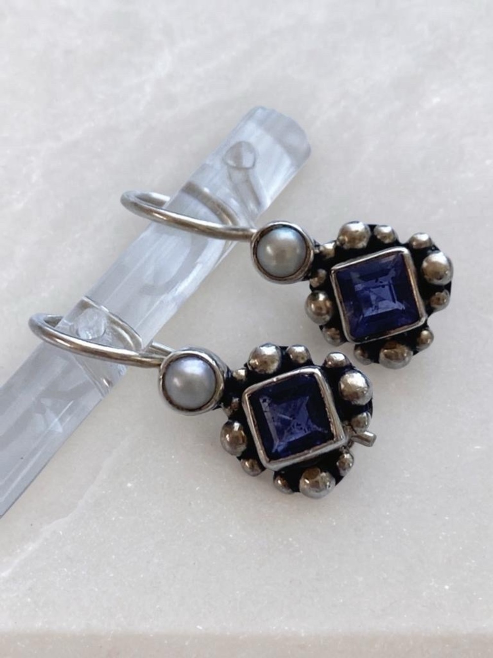 Sterling Silver Drop Earrings with Amethyst Stones and Pearl Accents